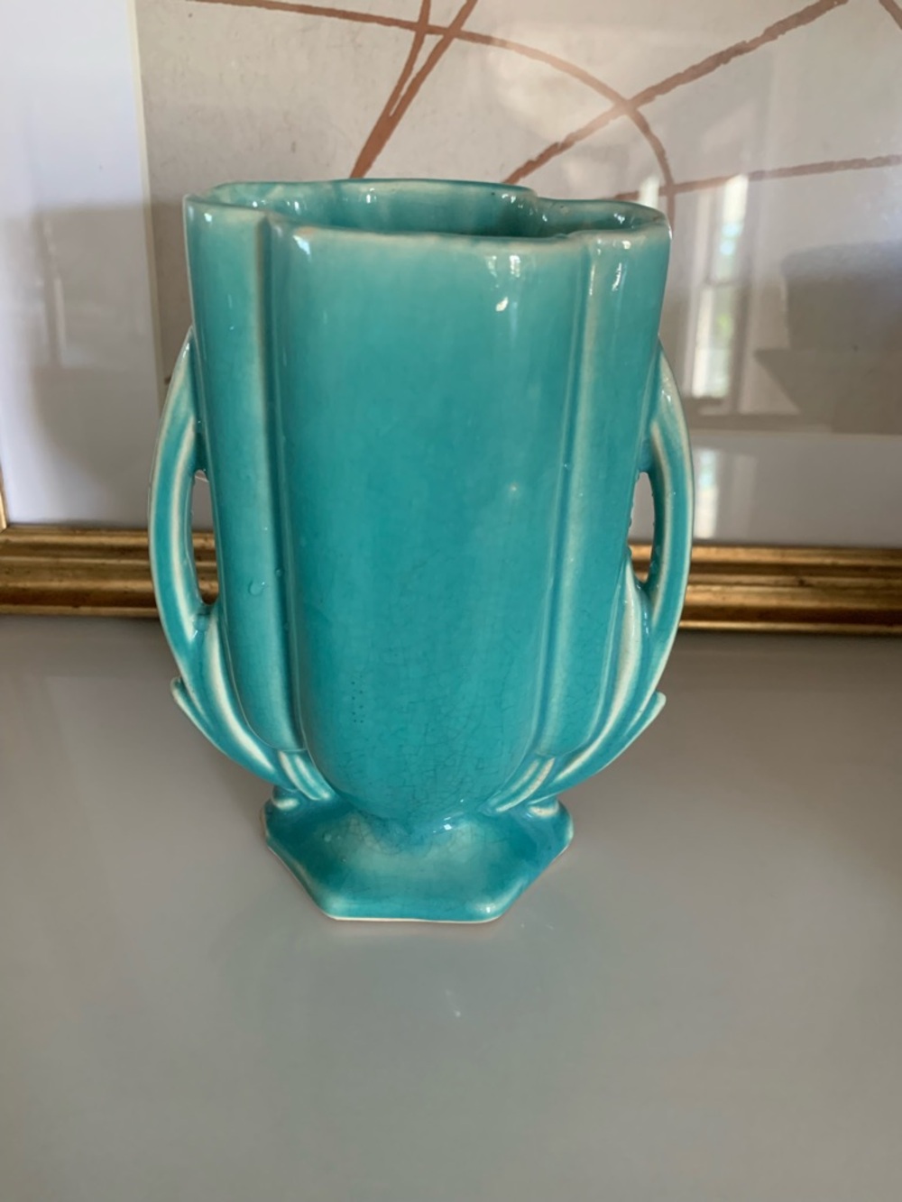 McCoy 1940’s Turquoise Ceramic Vase with Double Side Handles